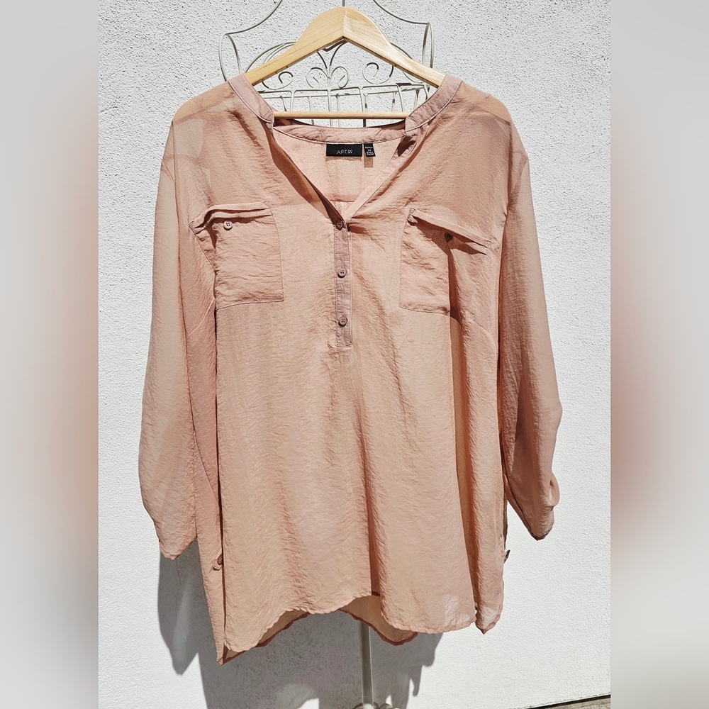 Apt. 9 Light Peach Coral Sheer Oversized Button Roll Sleeves Casual Top